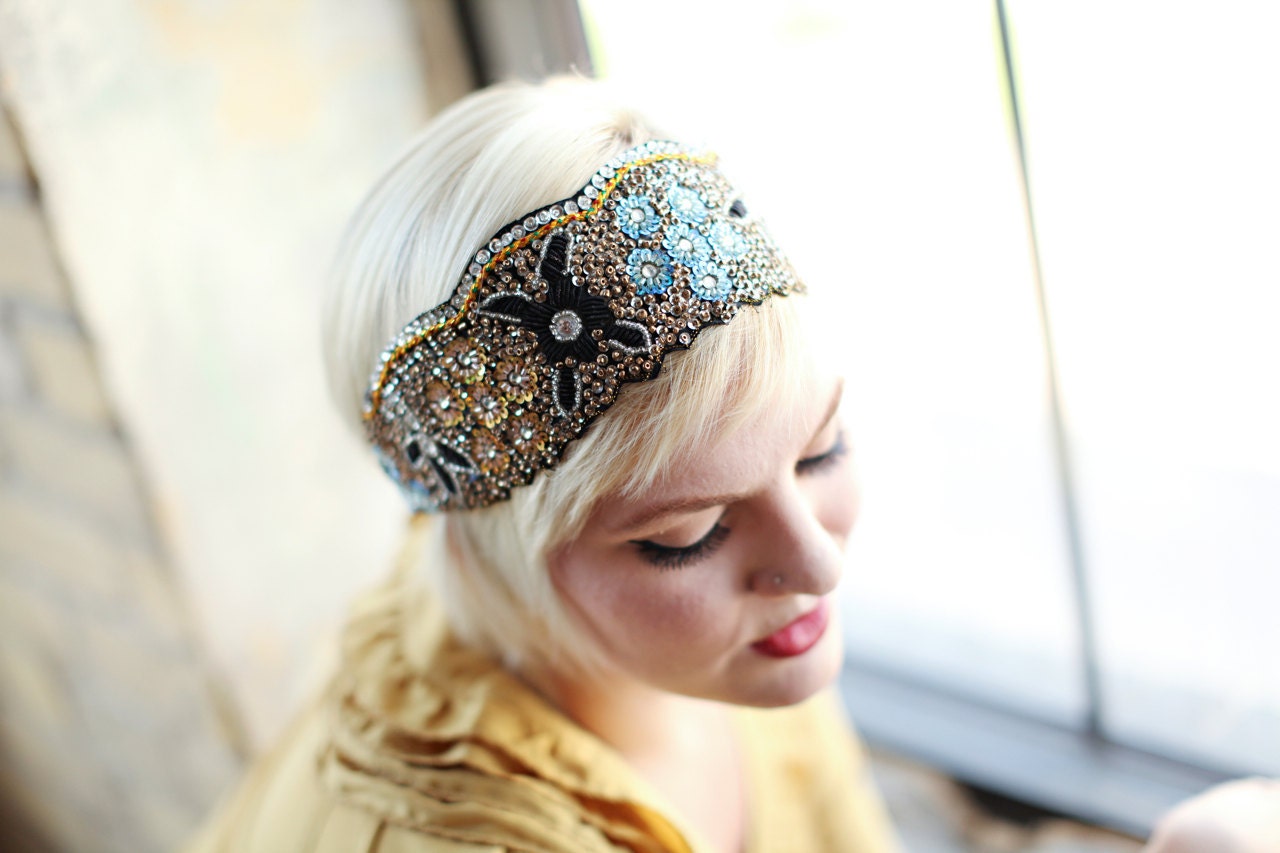 Boho Beaded Sequin Headband Womens and Teen Navy Gold Aqua