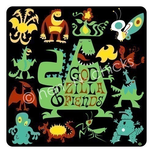 Godzilla and Fiends 8x8 print