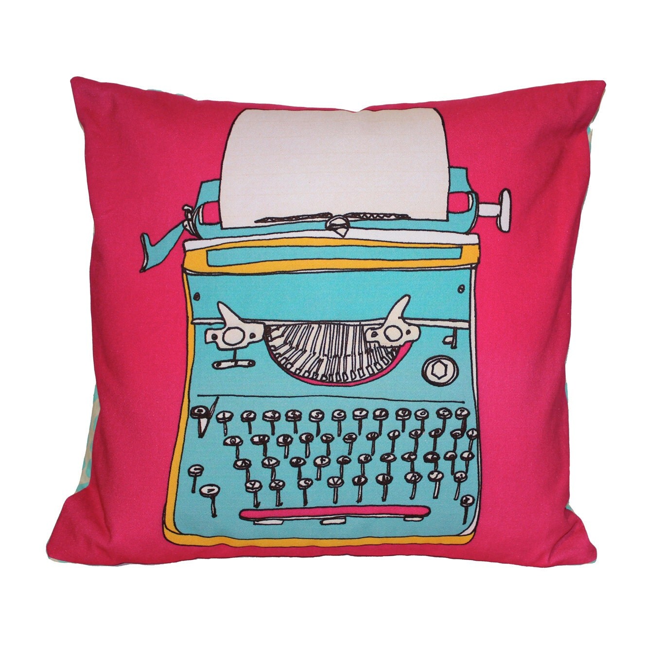 Vintage Typewriter Illustration Cushion - Blue and Pink