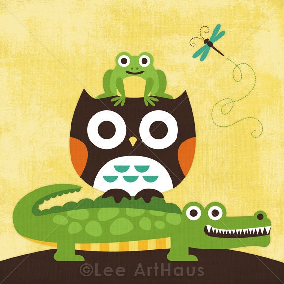 125B Bright Owl with Alligator and Frog 6x6 Print