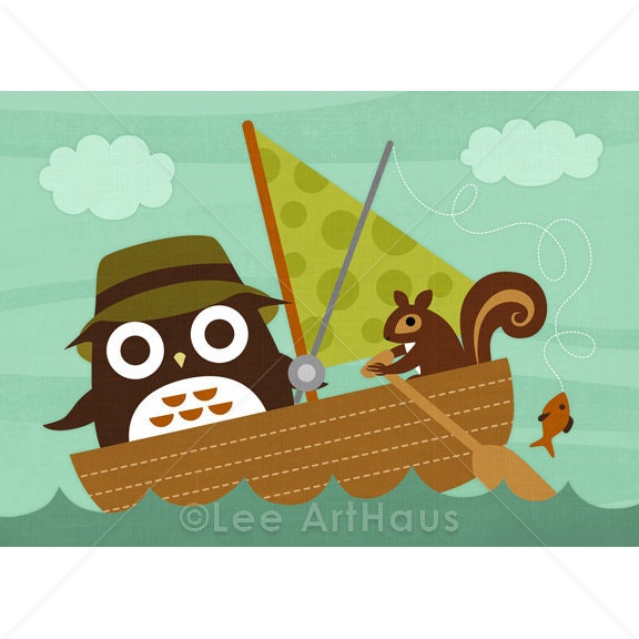 177R Retro Owl Fishing with Squirrel 5x7 Print