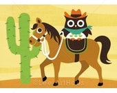 181B Bright Owl on Horse with Cactus 5x7 Print