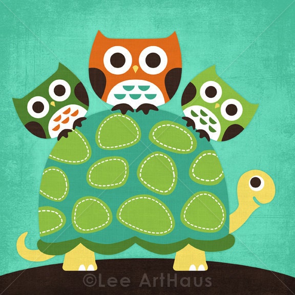 97B Bright Three Owls on Turtle 6x6 Print