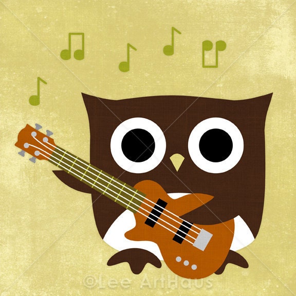 80R Retro Owl with Bass Guitar 6x6 Print