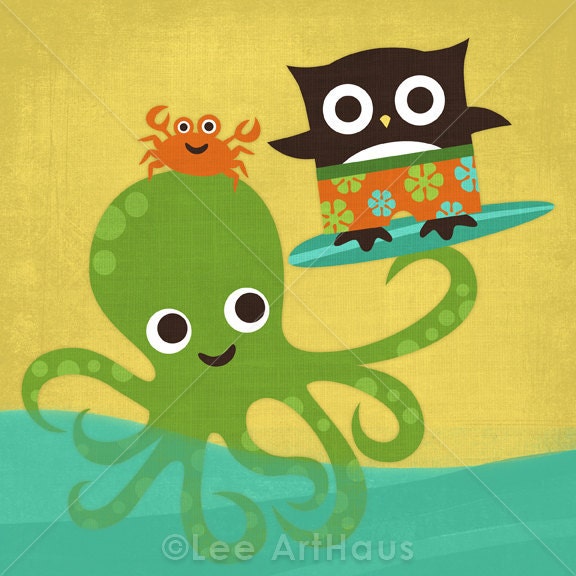 93B Bright Octopus and Surfing Owl 6x6 Print