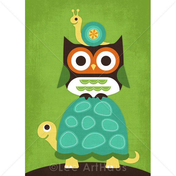 57B Bright Turtle, Owl and Snail 5x7 Print