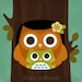 209R Retro Mother and Baby Owl inside Tree 6x6 Print