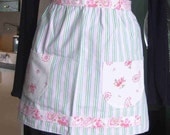 Upcycled Pink green striped cotton Half Apron with pockets O/S eco friendly kitchen cooking