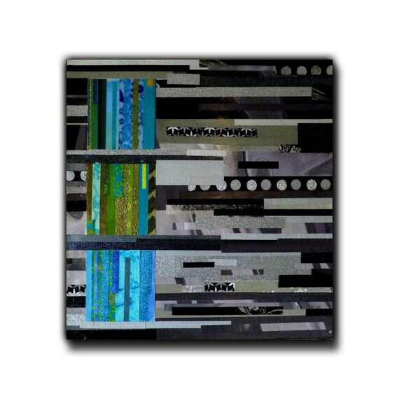 Print: Black with Blue Squares, 10x10  Based of original mixed media collage