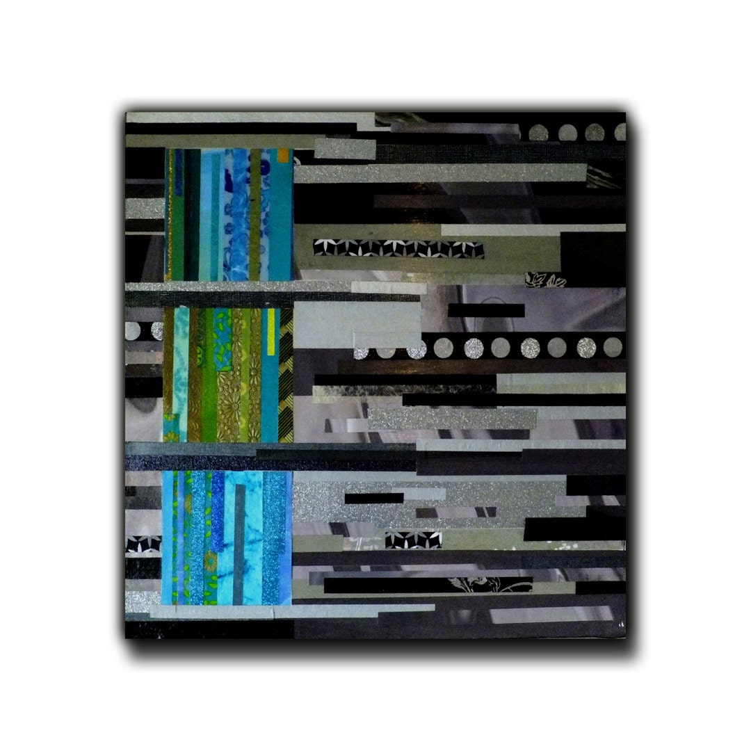 Print: Black with Blue Squares, 10x10  Based of original mixed media collage