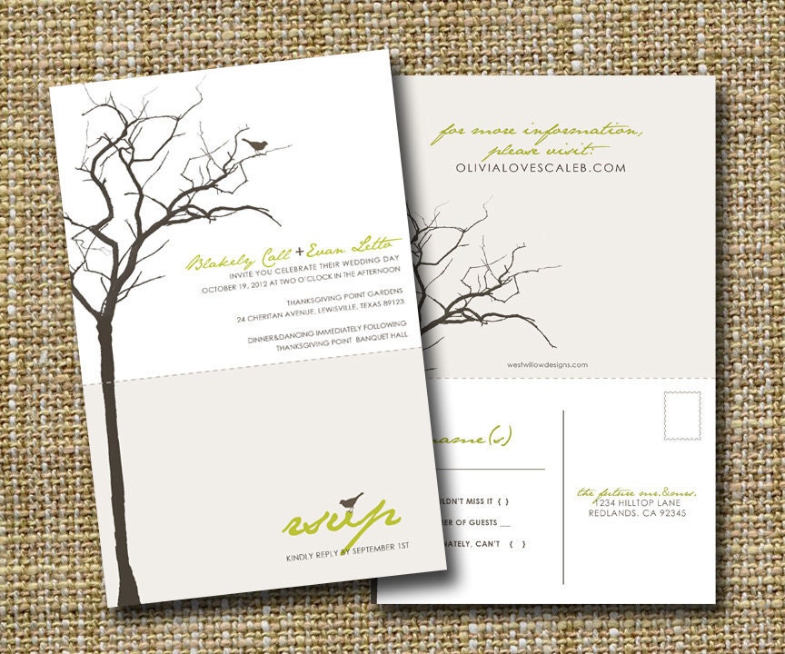 modern wedding invitation with perforated rsvp postcard - love birds.