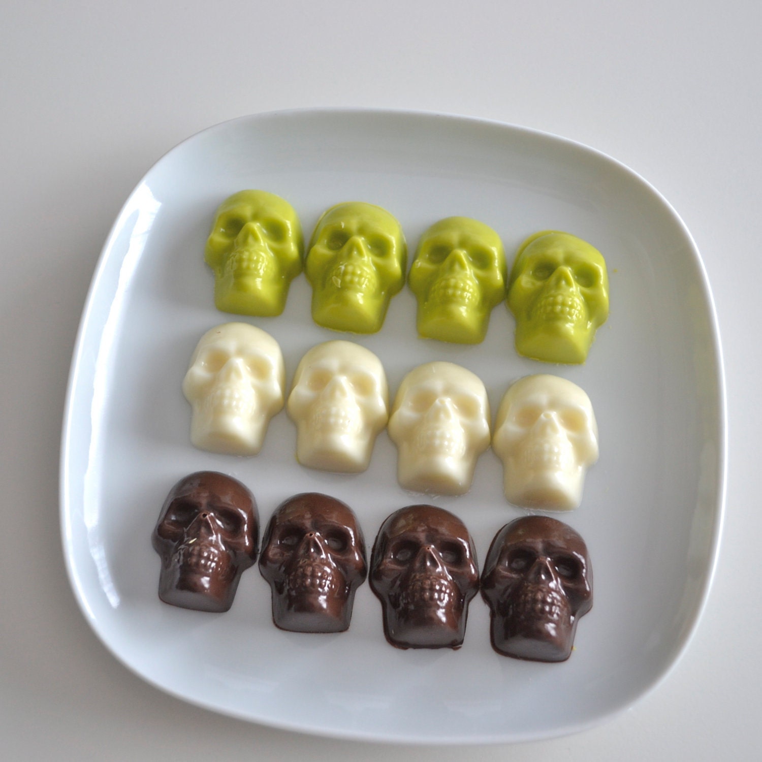 Chocolate Skulls Belgian Chocolate Brown, Green and White Skull Shapes