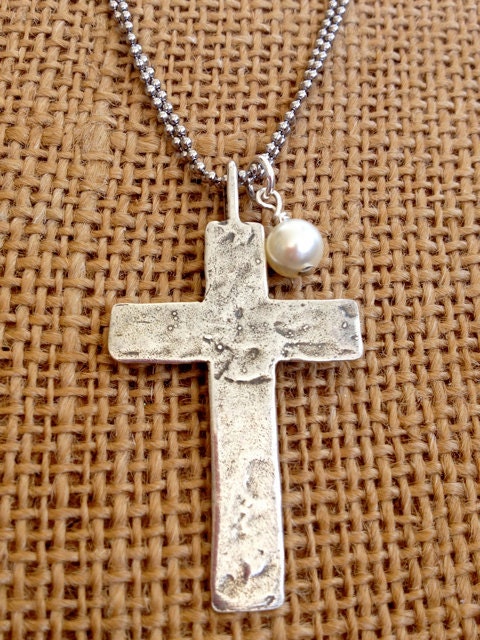 Large Sterling Silver Cross Hammer Necklace with Pearl Dangle Charm