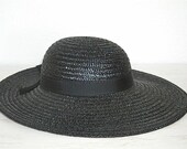 italian black straw hat - wide brimmed - ornate hollywood regency womens fashion - shabby chic cottage mad men decor