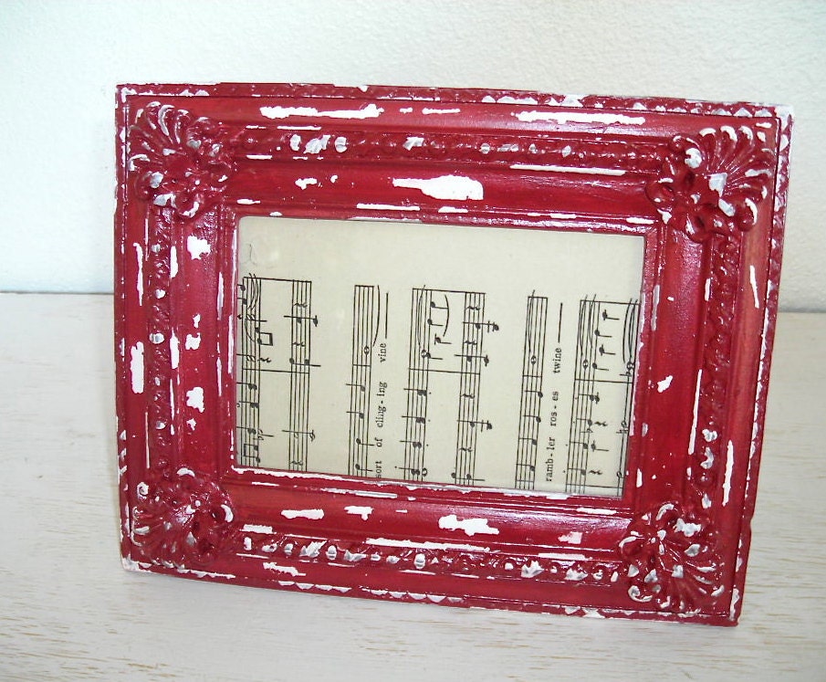 red and white distressed picture frame - ornate shabby chic cottage decor - hollywood regency