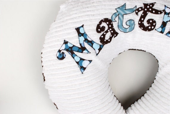 Monogrammed Nursing Pillow Cover in RAINDROP, Personalized with Your Baby boy's First Name, Chenille and Minky, boppy (TM) not included