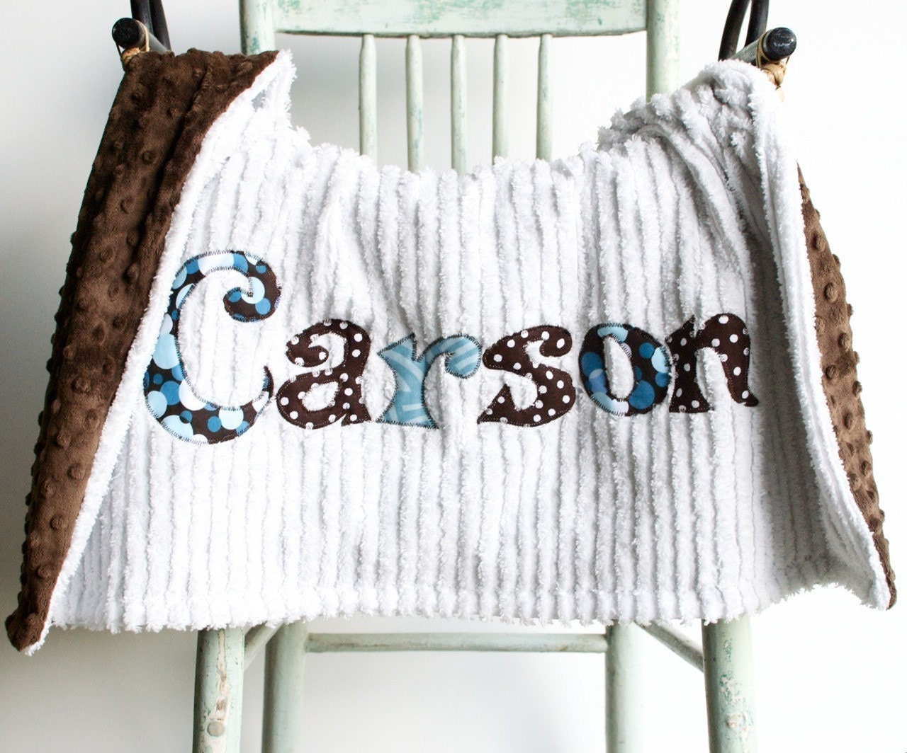 Monogrammed Baby Blanket in RAINDROP, Brown Minky and White Chenille, Personalized with Your Baby Boy's First Name in Designer Fabric