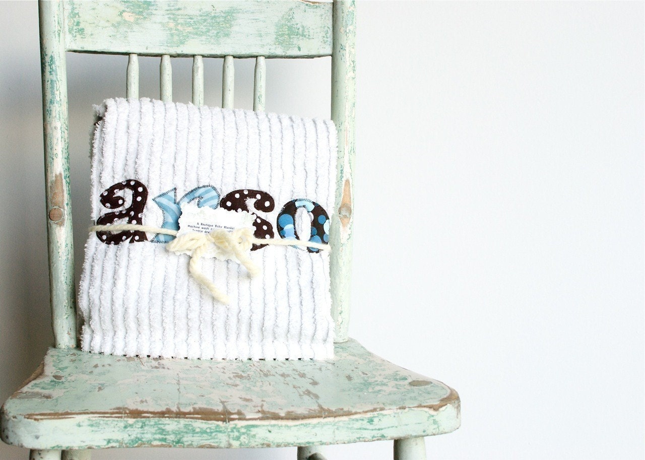 Monogrammed Baby Blanket in RAINDROP, Brown Minky and White Chenille, Personalized with Your Baby Boy's First Name in Designer Fabric
