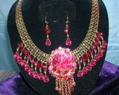 Drippy OOAK Vintage Juliana Rhinestone Runway Necklace Earrings Set in Cranberry Red