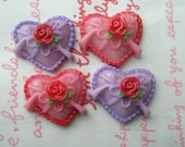 Rose on Heart cabochons Set A 4pcs Purple Red