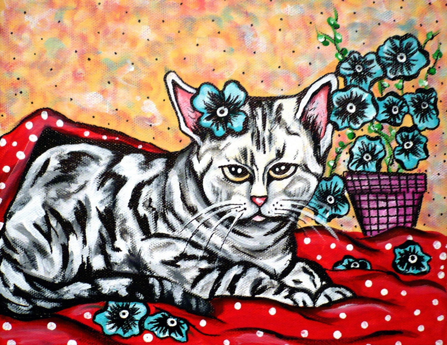 Cat Art Print 8 x 10 In Mamas Flowers Again  satin