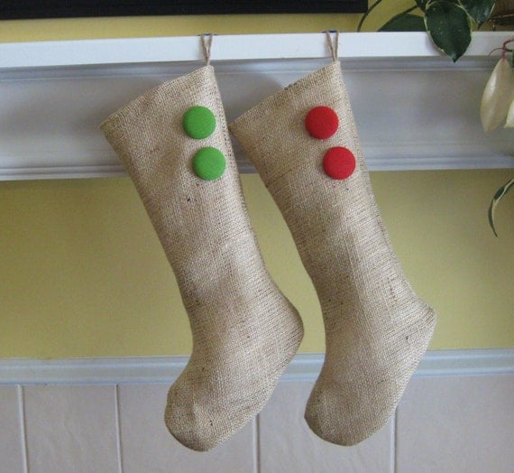 FREE SHIPPING Two Burlap Holiday Stockings with Your Choice of Covered Buttons