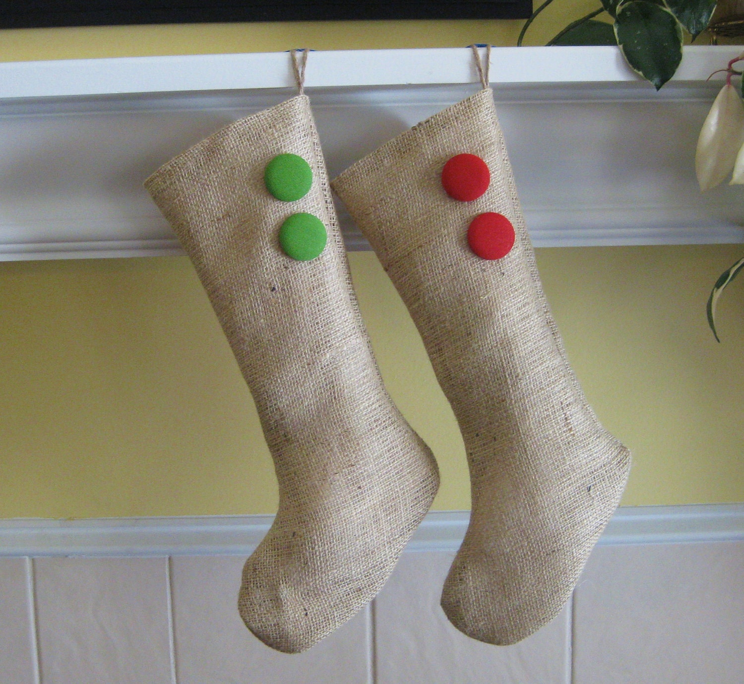FREE SHIPPING Two Burlap Holiday Stockings with Your Choice of Covered Buttons