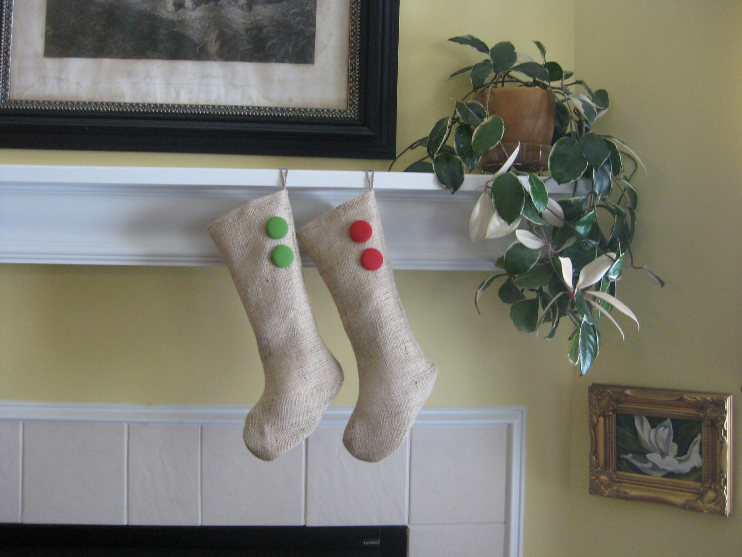 FREE SHIPPING Two Burlap Holiday Stockings with Your Choice of Covered Buttons
