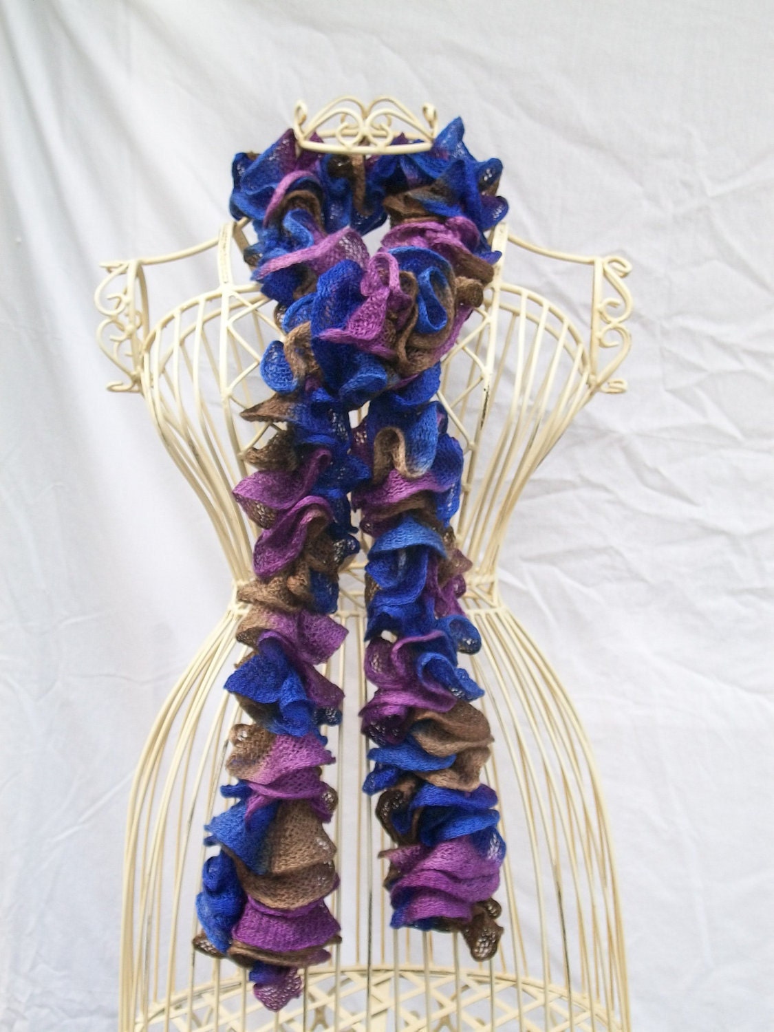 Plum, Brown and Eggplant Hand Knit Lacy Ruffled Scarf - Spring and Summer Fashion Accessory - Ready to Ship