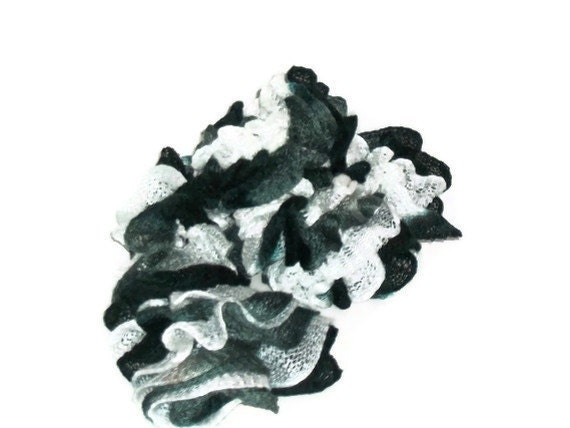 Hand Knit Lacy Ruffled Scarf - Black and White - Spring and Summer Fashion Accessory - Ready to Ship