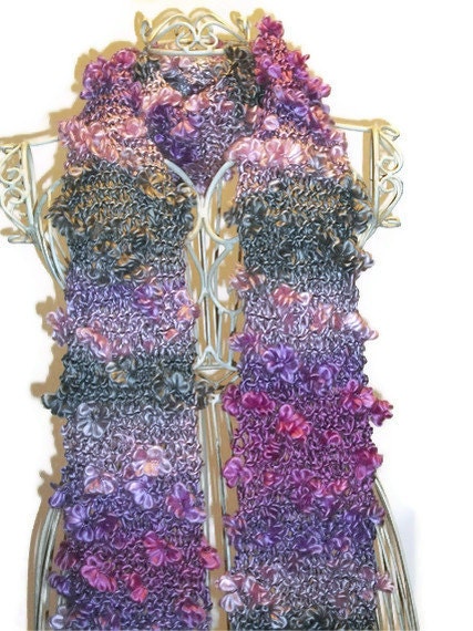 Womens Hand Knit Fashion Yarn Scarf - Lilac, Pastel Pink, Fuchsia and Grey - Made to Order