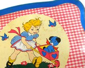 50's Tin Toy Tea Tray with lithograph, Girl & Polka Dot Puppy by Ohio Art. - OldeTymeNotions