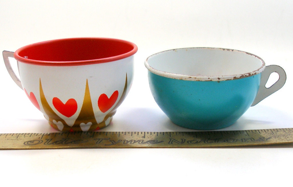 50s Tin Toy Tea cups, Set of 5 vintage metal with litho, hearts & butterflies.