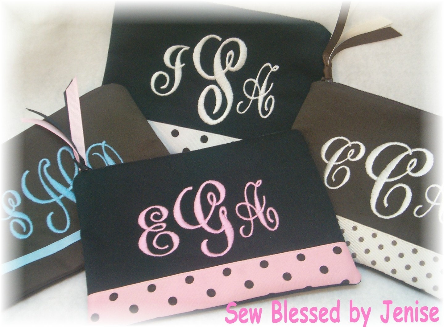 Pkg of 6 Bridesmaid Gifts  - 6 Monogrammed Cosmetic Bags