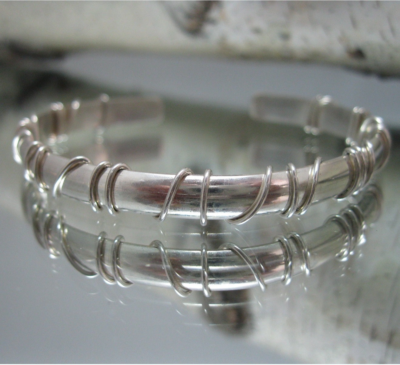 Sterling Silver Wire Wrapped Medium Bangle Bracelet Artisan Handcrafted Mixed Metal Cuff