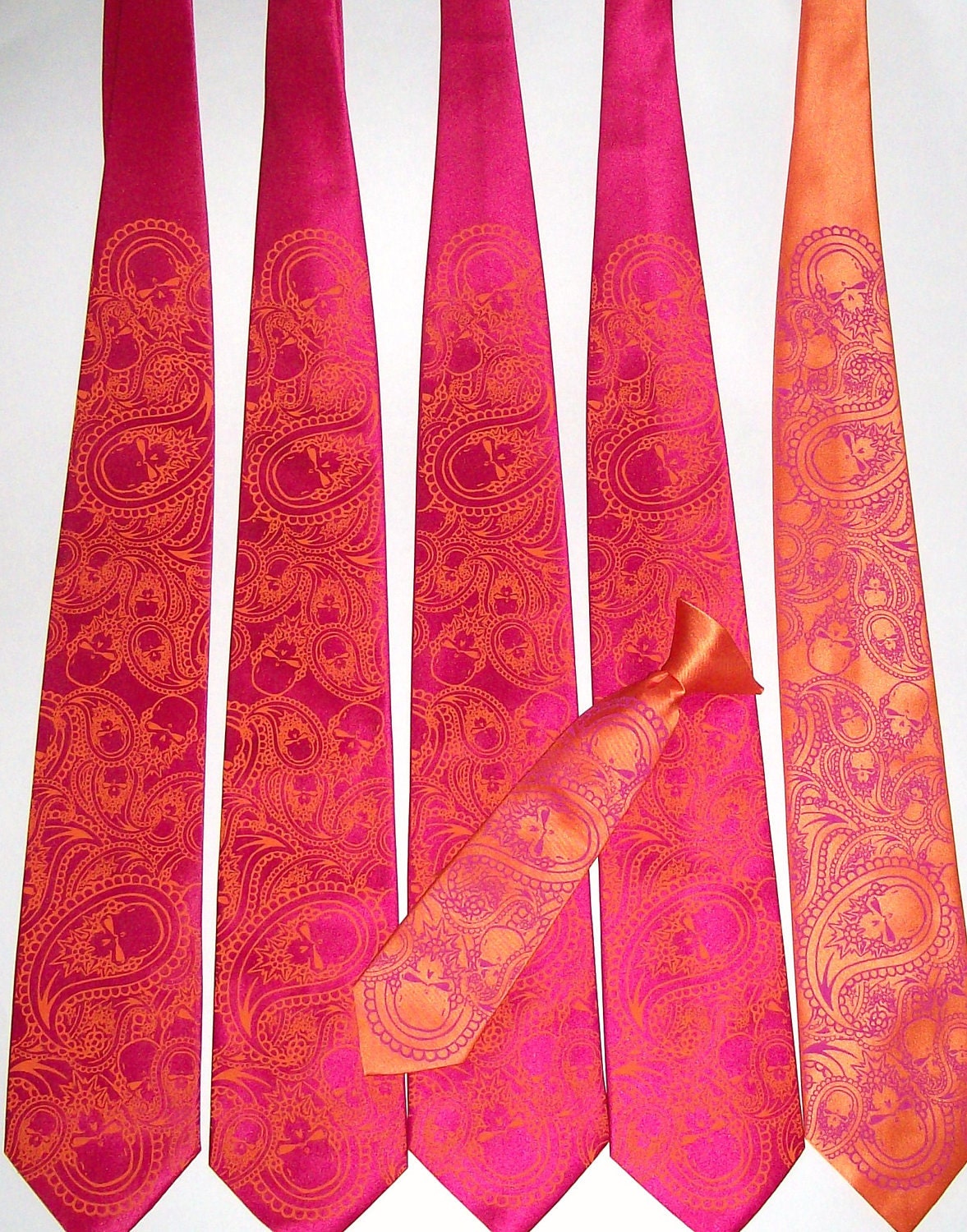 Paisley skull necktie, original art work silk screening , 5 ties - print to order in your colors