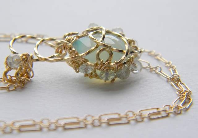 14 K gold filled Wire Wrapped Pendant with Peruvian Chalcedony Briolette and 3mm Green Amethyst