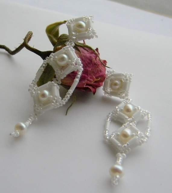 White freshwater Pearl Hand Beaded Victorian Style Wedding Earrings