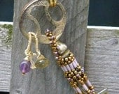 Antique Brass Key, with citrine, smokey quartz and Amethyst With Hand beaded band and Brass chain