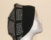 CASHMERE Black and grey 'Patchwork' creation  jaunty hand knitted beret  one of a kind