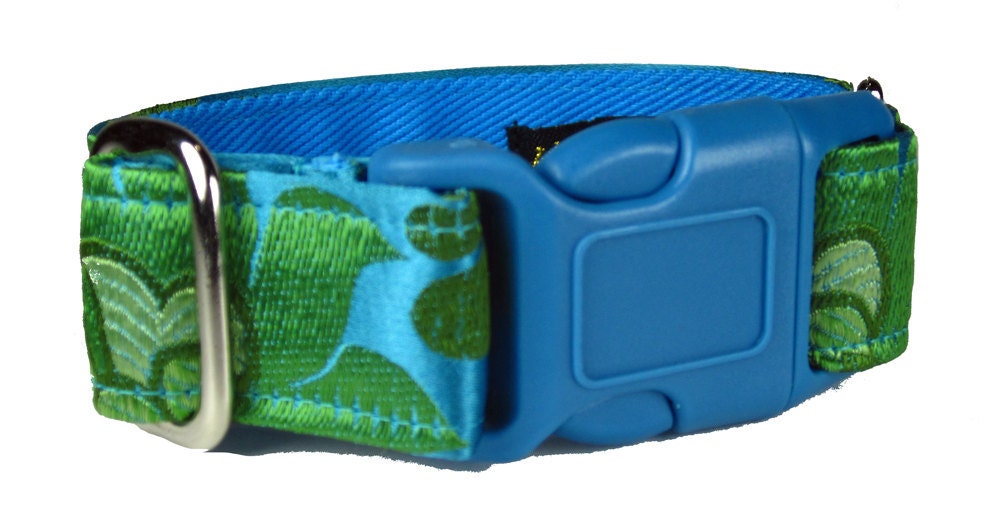 Turquoise Lotus silk brocade dog collar - 1 inch wide buckle style, custom made for your dog