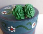 Emerald Green Rose -  cabochon STUD earrings, posts, resin, floral, vintage style