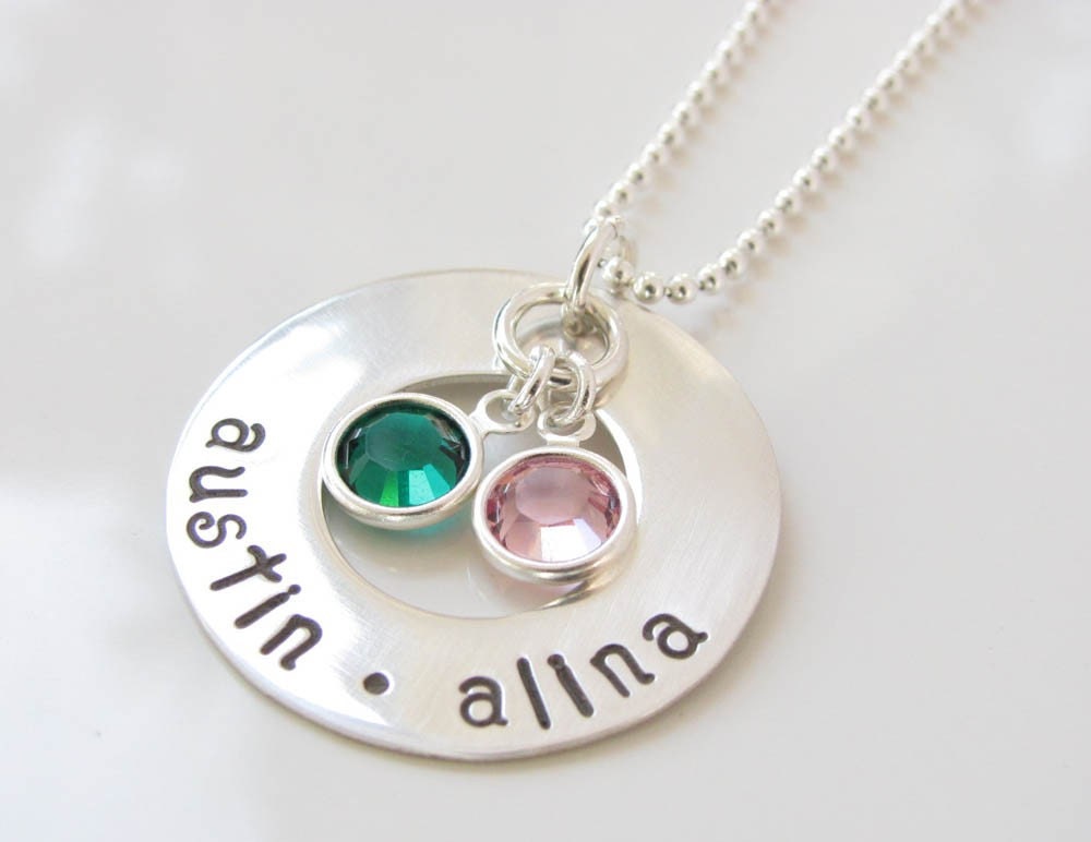 Personalized Hand Stamped Necklace - Sterling Silver Washer with Birthstones - Our Family Collection