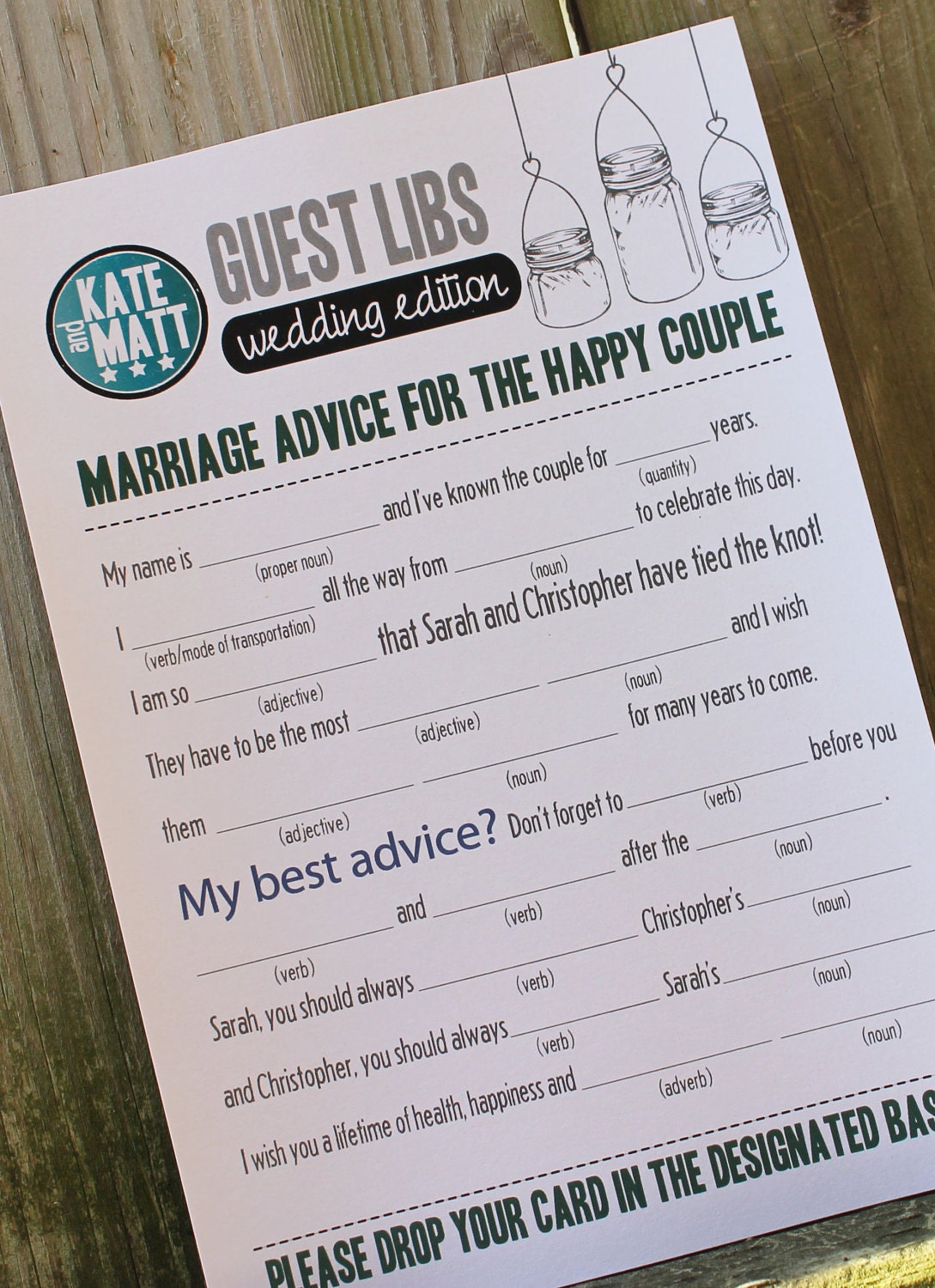 Wedding Mad Libs Mason Jars Set of 100 Printed Totally Customizable