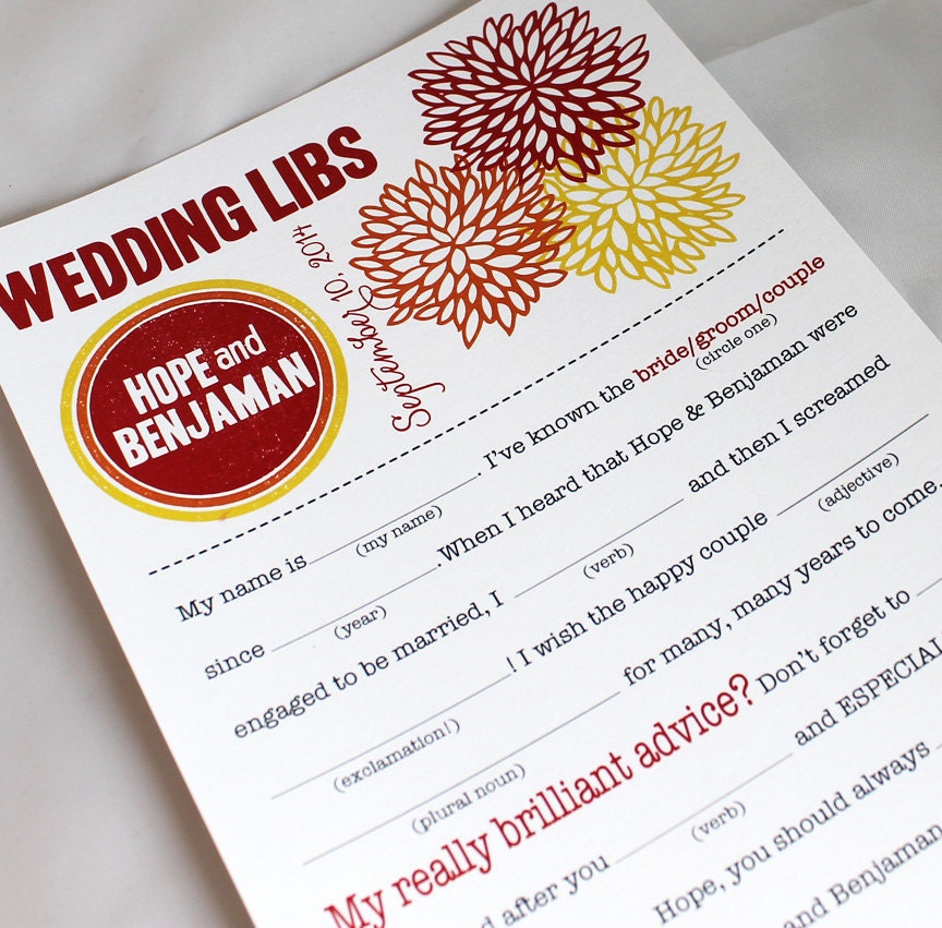 Wedding Mad Libs PDF FILE Print Yourself Bold Mums Colors are Customizable Digital File