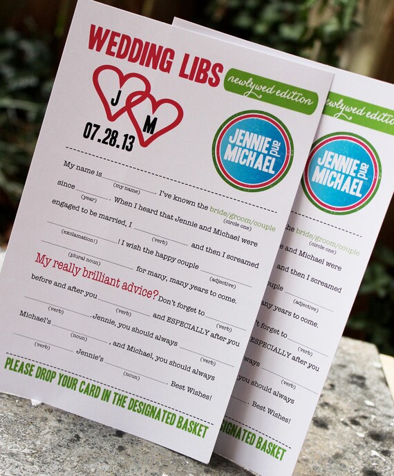 Wedding Mad Libs PDF FILE Print Yourself Hearts Colors are Customizable