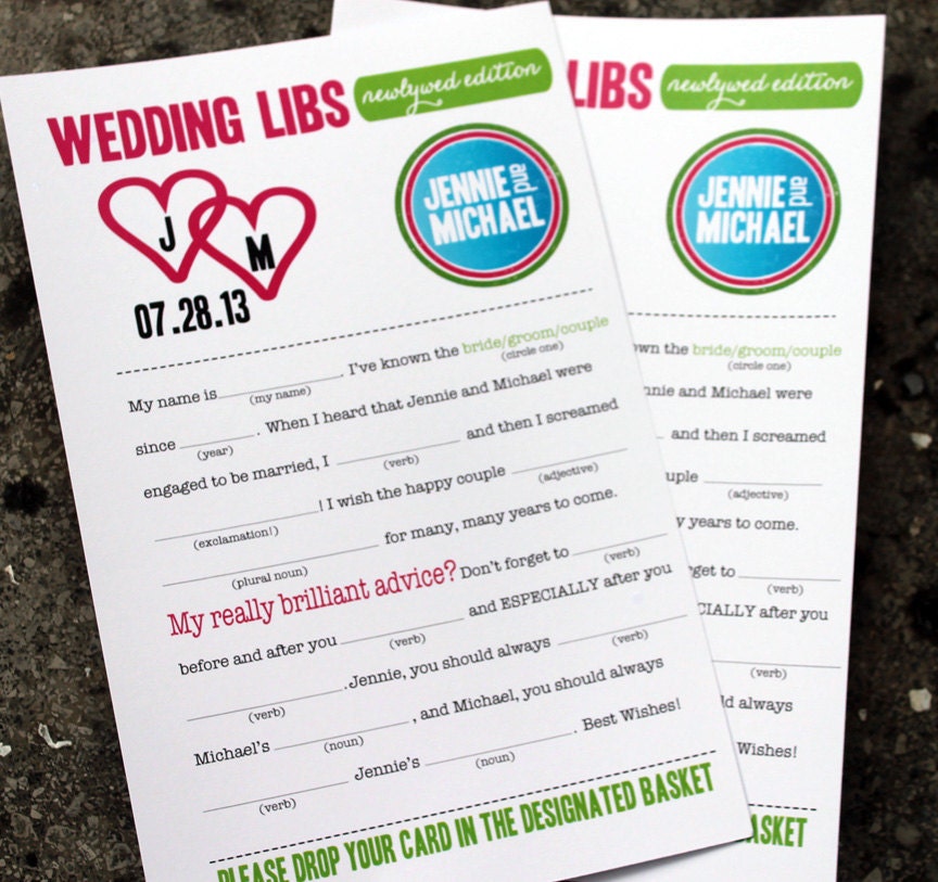 Wedding Mad Libs PDF FILE Print Yourself Hearts Colors are Customizable