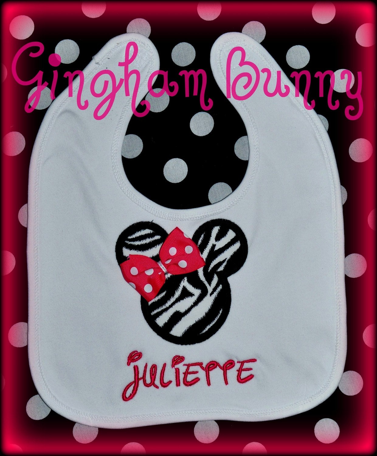 Zebra, Cheetah, Large Head, Minnie Mouse Bib   Red, Hot PInk, or Light Pink   your choice, match to Disney Partyware,  by GINGHAM BUNNY