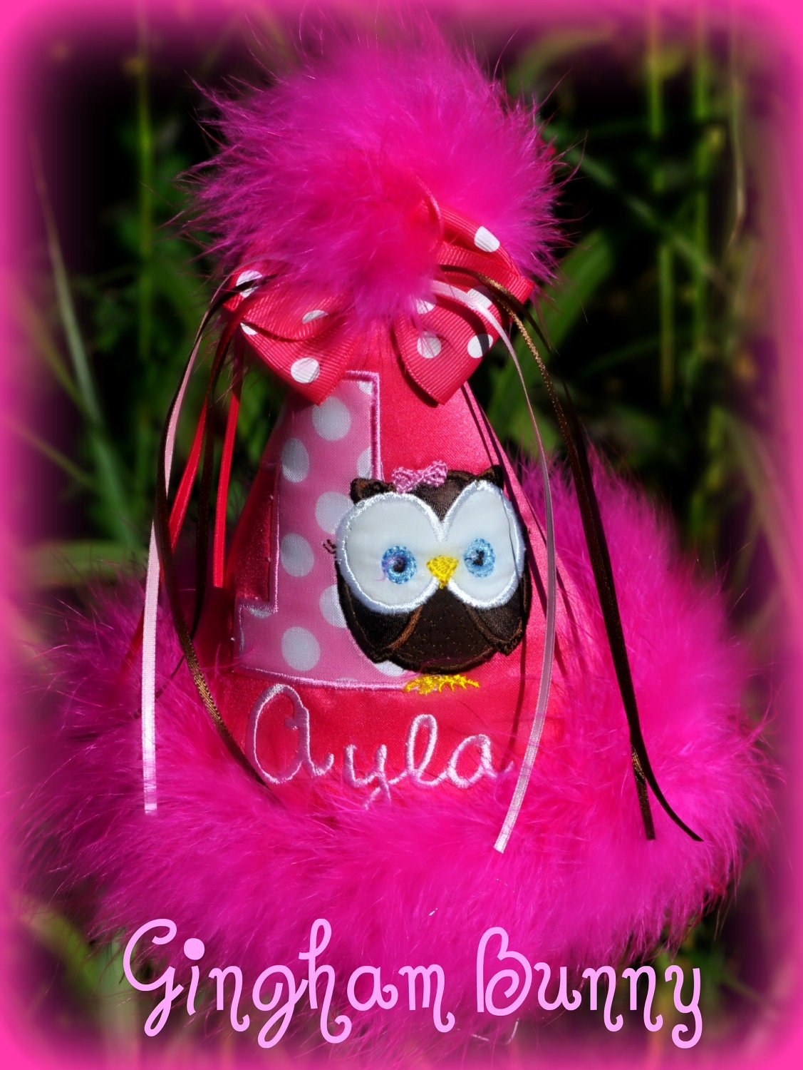 Little OWL Birthday Hat, Look Who's Turning One,  Birthday Hat Boutique Quality,  First Birthday Hat, You Choose Colors, Gingham Bunny