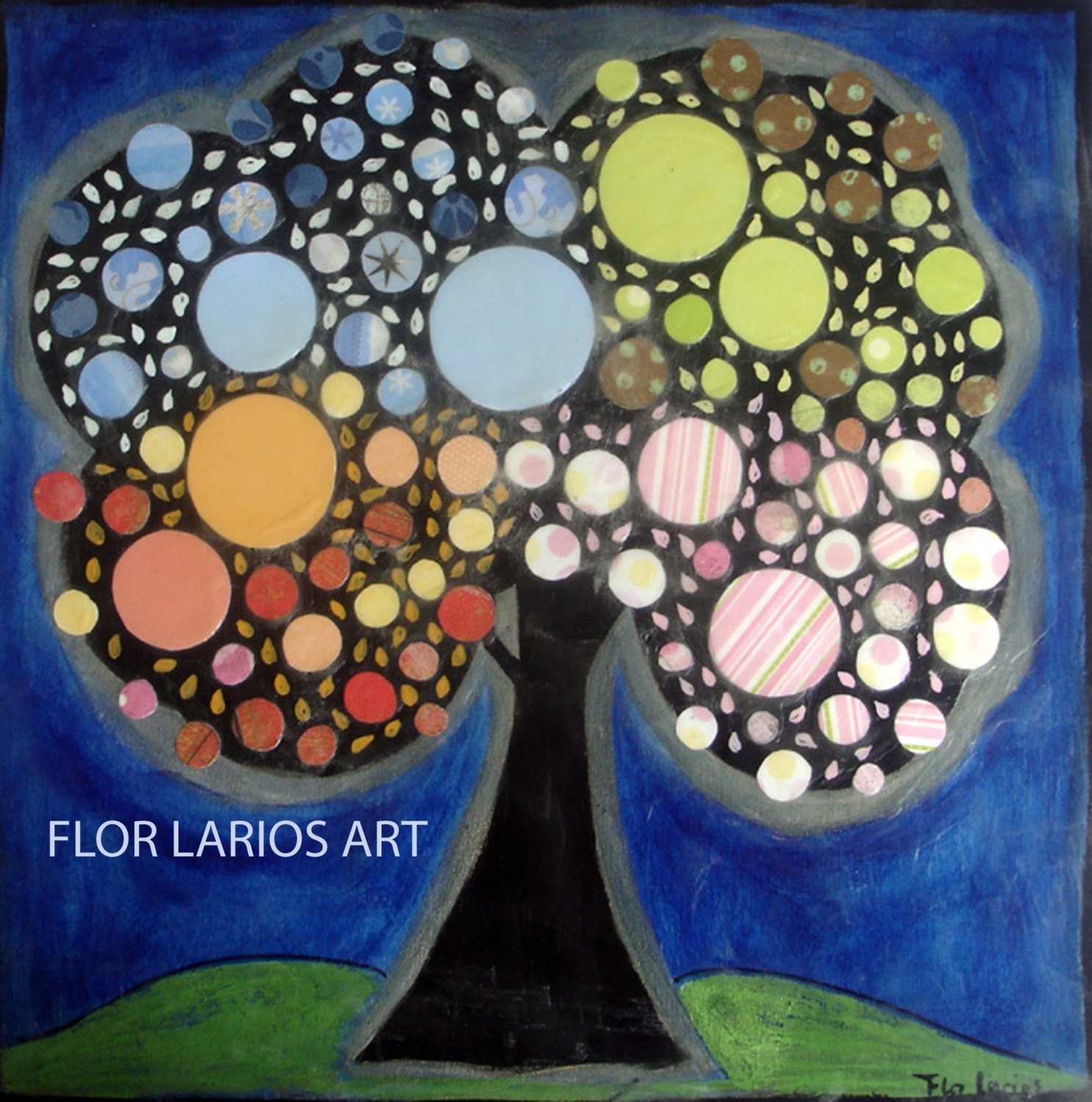 On Sale entire SHop 40% off - Blooming Tree- Folk Art Print from Collage Painting by FLOR LARIOS (7 x 7 INCHES)